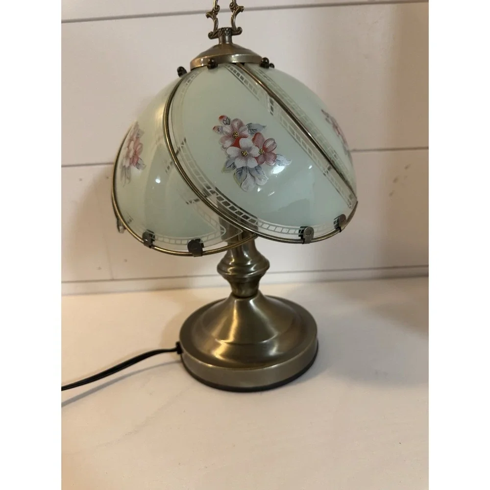 Vintage 3-Way Gold Tone Touch Accent Lamp 6 Swoop Blue Floral Glass Panels 14